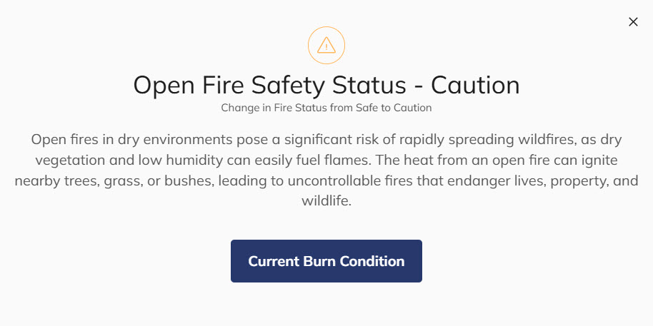 Popup alert showing a change in the open fire safety status
