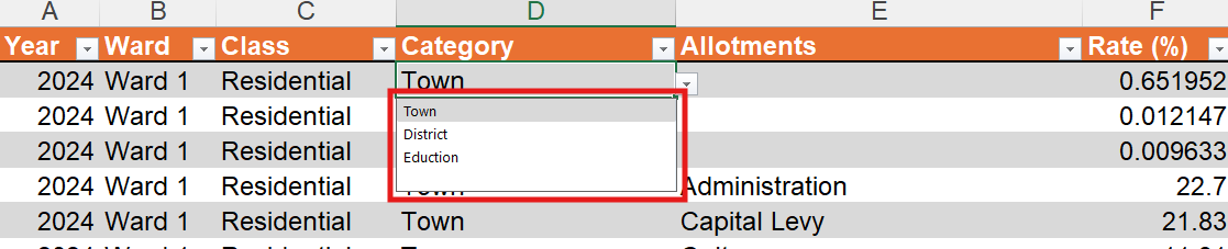 Spreadsheet with dropdown highlighted
