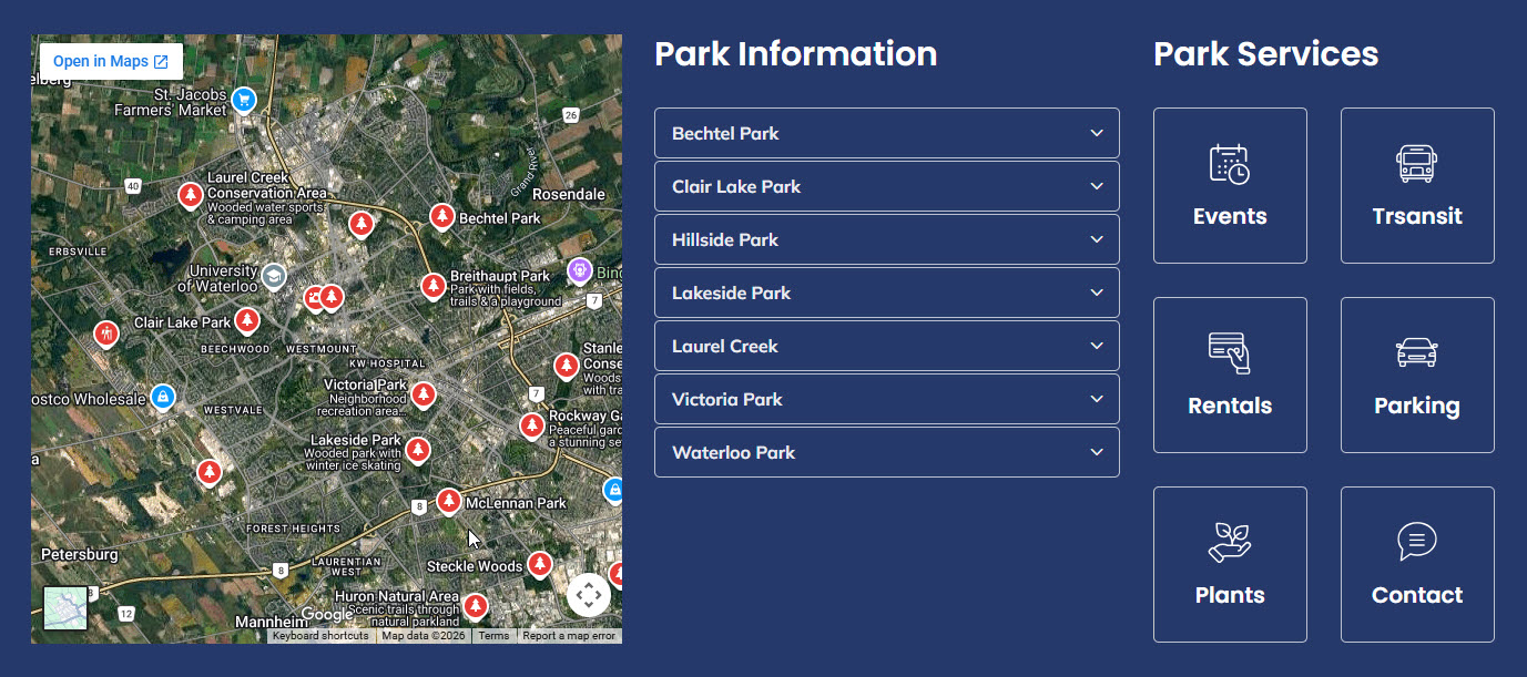 Layout component example showing 3 columns - a map, park information as accordions, and buttons representing park services